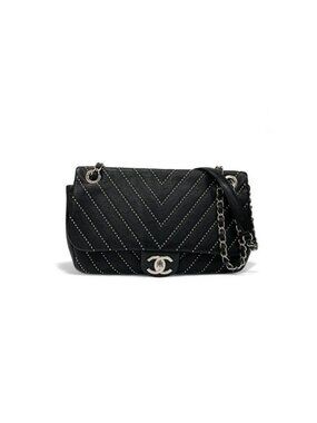 Chanel Bag Shoulder Black Silver Turnlock Single Flap Double